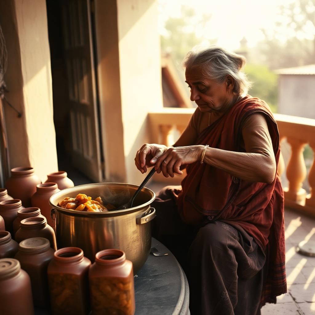 A grandmother stirring a brass pot of pickle beside sun-drying terracotta jars